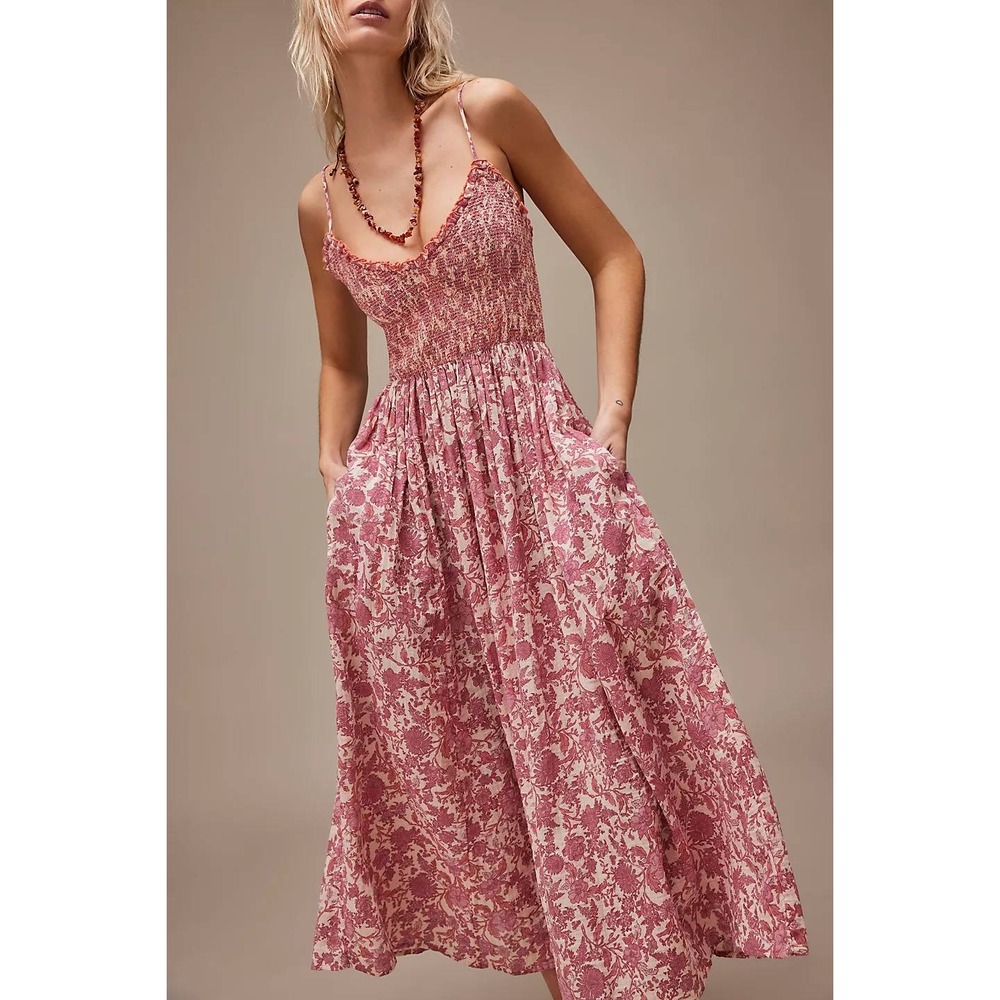 Free People Sweet Nothings 100% Cotton Pink Floral Cottagecore Midi Maxi Dress L